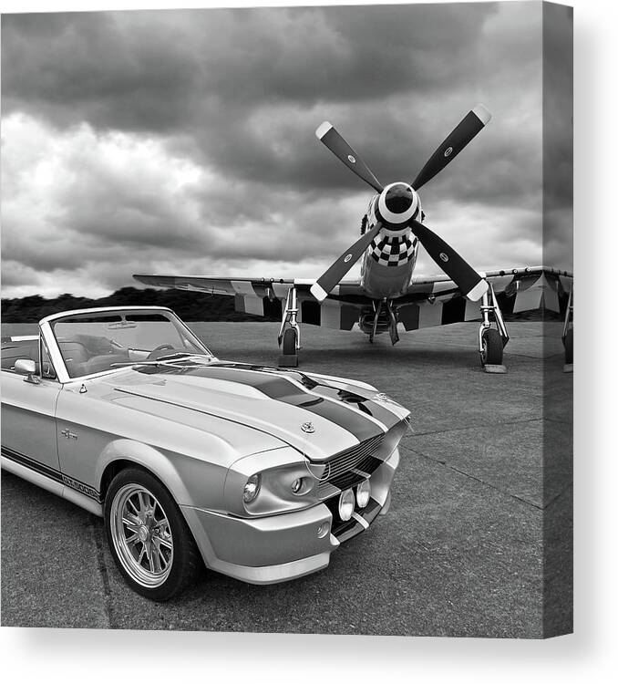 Old Ford Mustang Canvas Print featuring the photograph Eleanor Mustang with P51 Black and White by Gill Billington