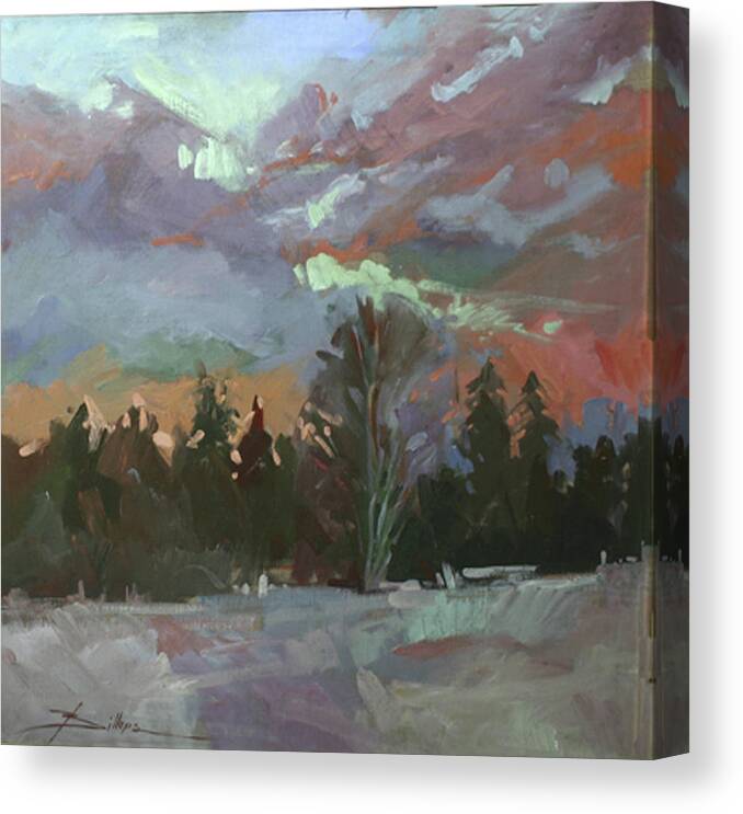 Snow Plein Air Paintings Canvas Print featuring the painting Winter's Last Flame by Elizabeth - Betty Jean Billups