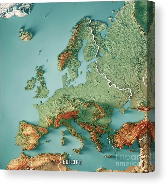 Europe Canvas Print featuring the digital art Europe 3D Render Topographic Map Color Border by Frank Ramspott