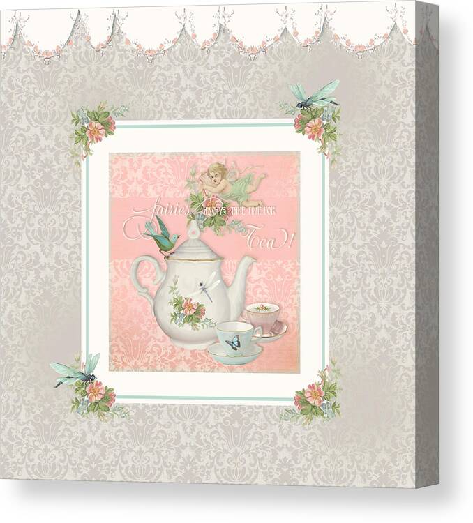 Tea Party Canvas Print featuring the painting Fairy Teacups - Tea Party for two by Audrey Jeanne Roberts