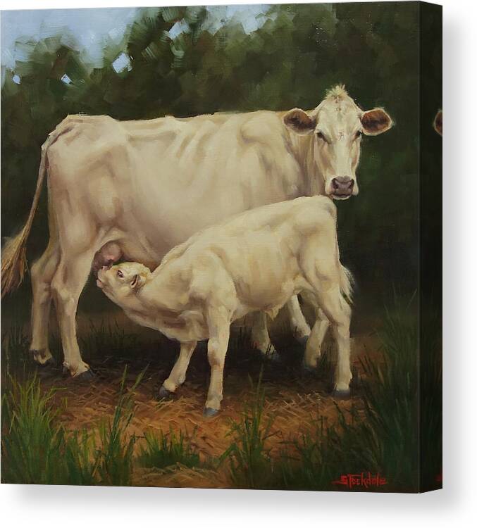 Cow Canvas Print featuring the painting Feeding In The Forest by Margaret Stockdale