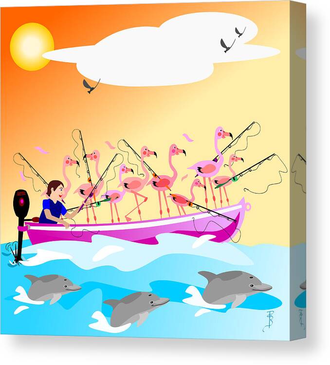 Flamingo Canvas Print featuring the digital art Flamingo fishing by Debra Baldwin