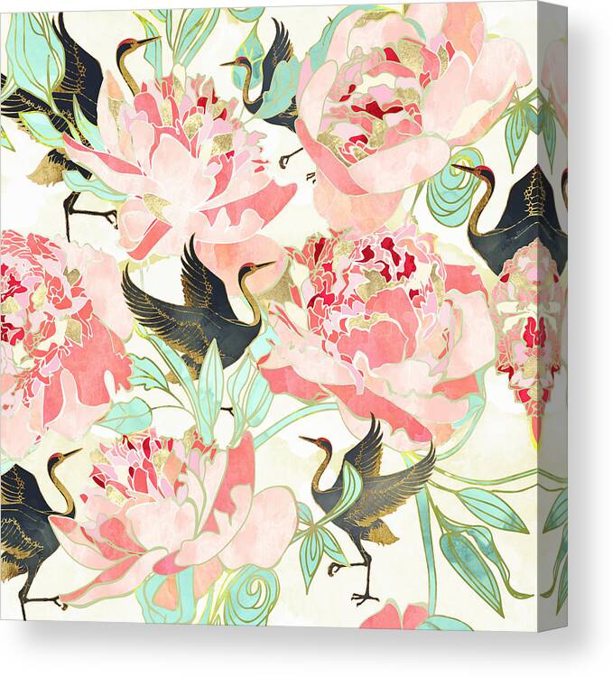 Floral Canvas Print featuring the digital art Floral Cranes by Spacefrog Designs