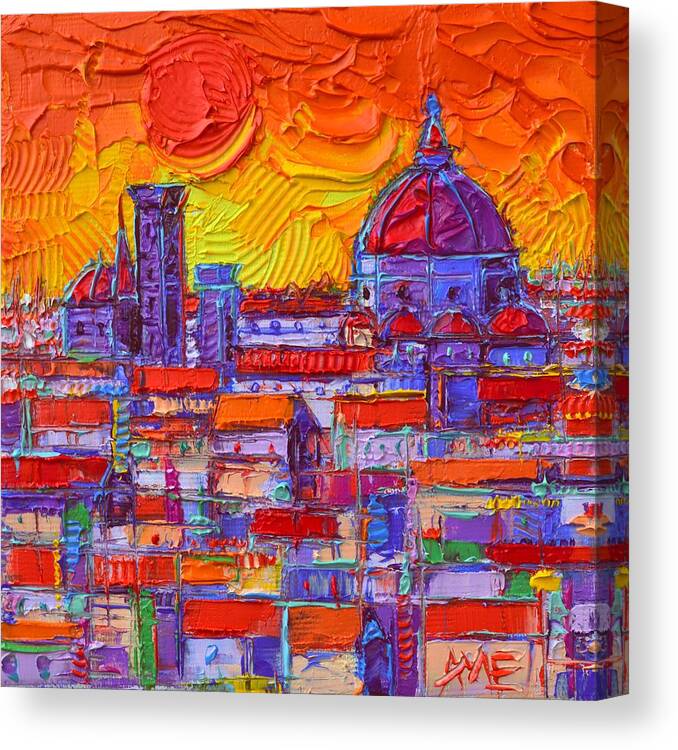 Florence Canvas Print featuring the painting FLORENCE SUNSET OVER DUOMO abstract cityscape impasto palette knife oil painting Ana Maria Edulescu by Ana Maria Edulescu