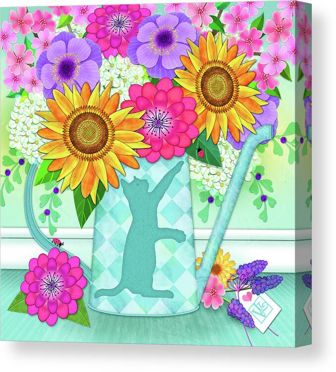 Watering Can Canvas Print featuring the digital art Flowers in Watering Can by Valerie Drake Lesiak