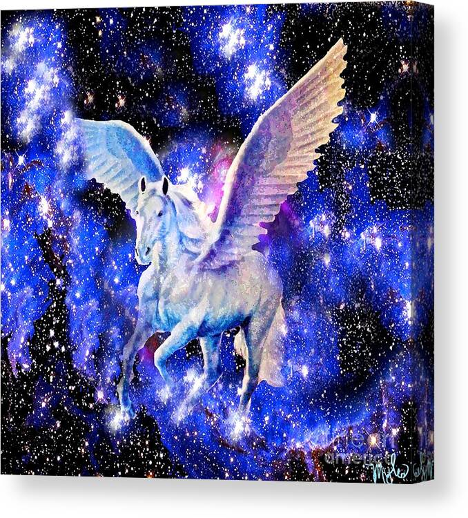 Horse Canvas Print featuring the painting Flying Horse in the Starry Night Sky by Saundra Myles
