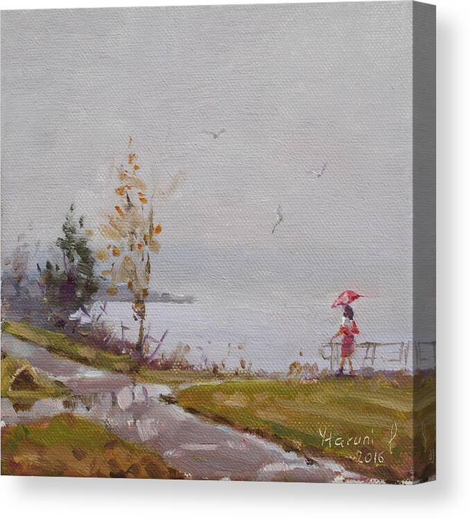 Fog Canvas Print featuring the painting Fog and Rain at Gratwick Waterfront Park by Ylli Haruni