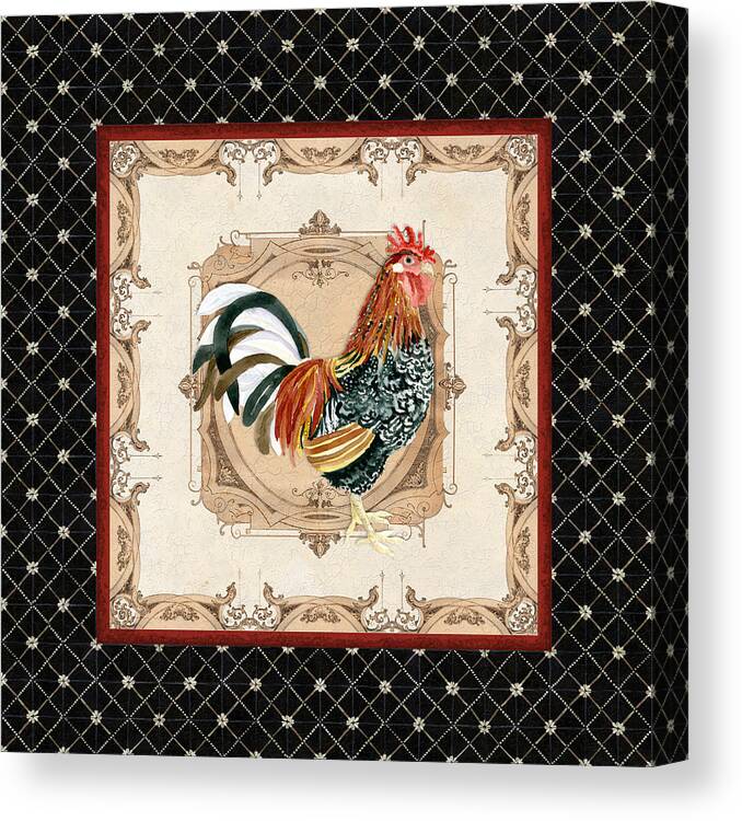 Etched Canvas Print featuring the painting French Country Roosters Quartet Black 1 by Audrey Jeanne Roberts