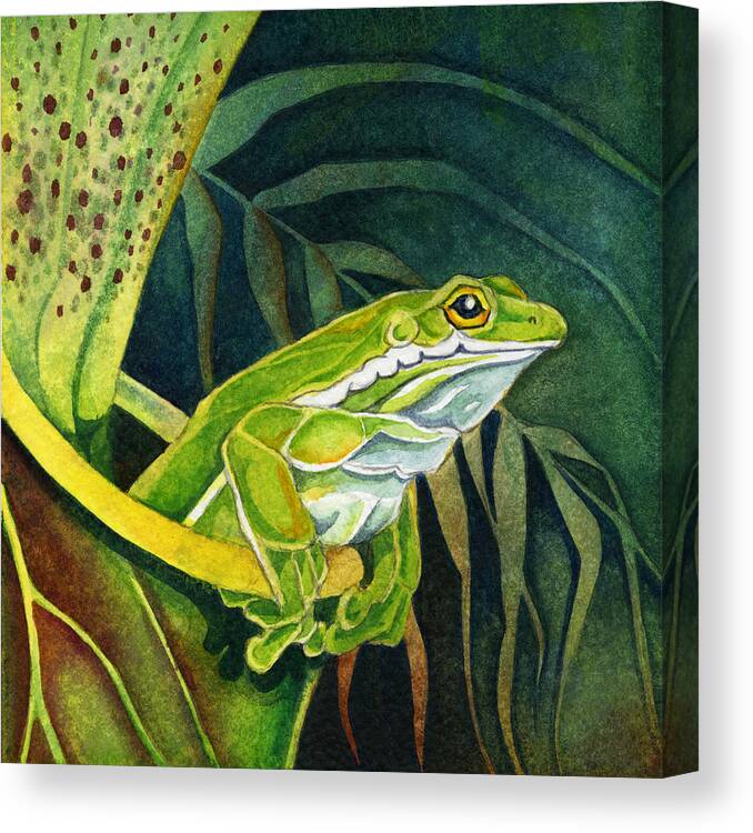  Canvas Print featuring the painting Frog In Pitcher Plant by Lyse Anthony