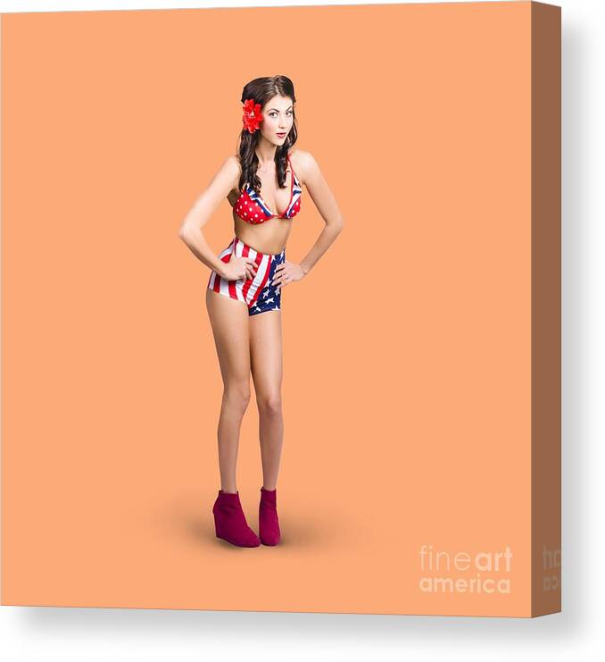 Pinup Canvas Print featuring the photograph Full body pin-up girl. American retro style by Jorgo Photography
