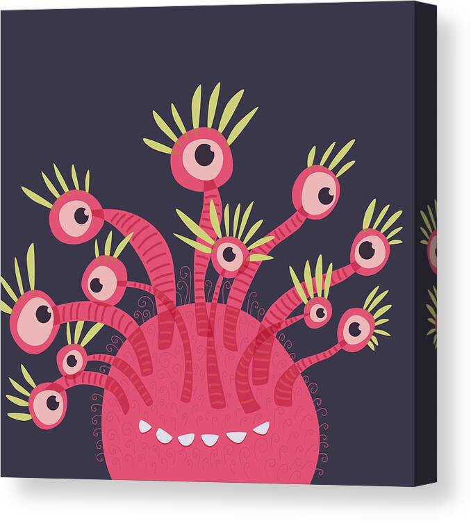 Cartoon Character Canvas Print featuring the digital art Funny Pink Monster With Eleven Eyes by Boriana Giormova