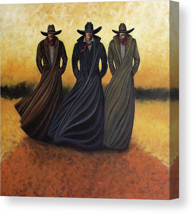 Three Cowboys Canvas Print featuring the painting Gang Of Three by Lance Headlee