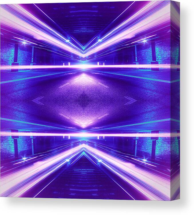 Pink Canvas Print featuring the digital art Geometric Street Night Light Pink Purple Neon Edition by Philipp Rietz