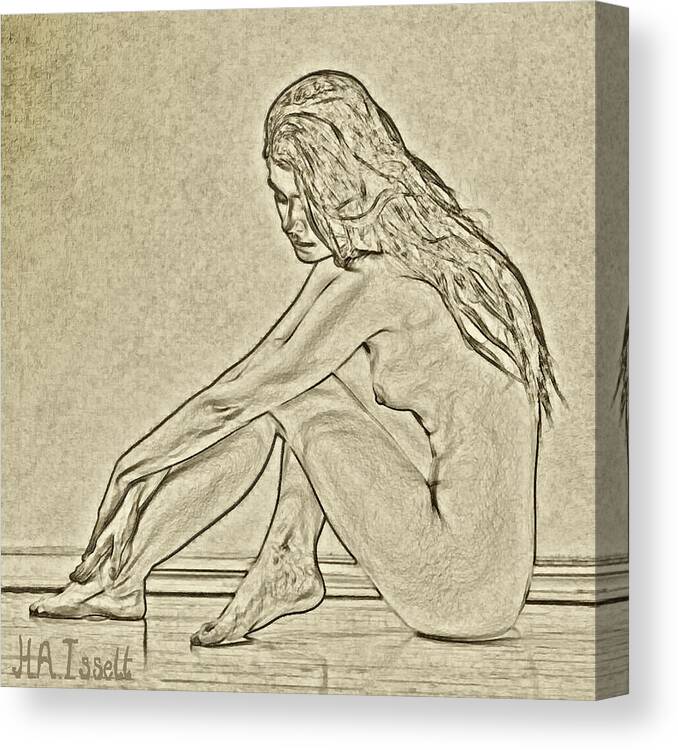 Female Canvas Print featuring the digital art Gold - female sitting pose by Humphrey Isselt