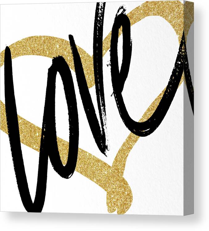 Gold Canvas Print featuring the painting Gold Heart Black Script Love by South Social Studio