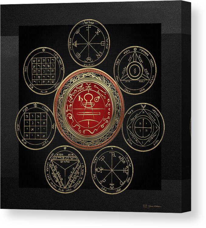 'sacred Symbols' Collection By Serge Averbukh Canvas Print featuring the digital art Gold Seal of Solomon over Seven Pentacles of Saturn on Black Canvas by Serge Averbukh
