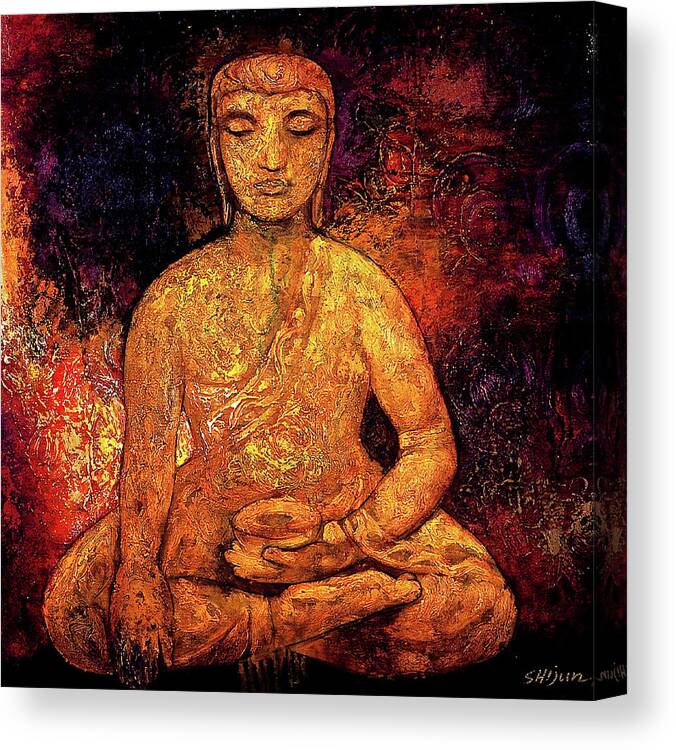 Oil Painting Canvas Print featuring the painting Golden Buddha by Shijun Munns