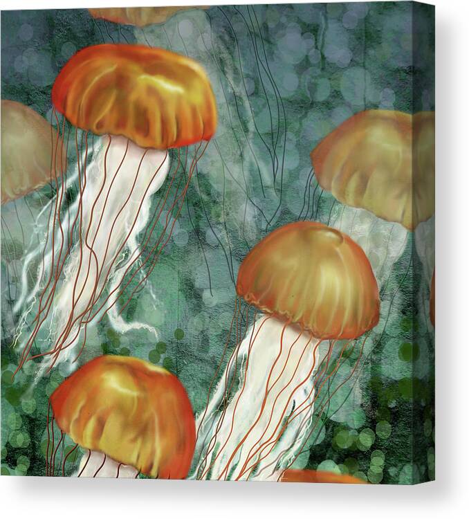 Jellyfish Canvas Print featuring the digital art Golden Jellyfish in Green Sea by Sand And Chi