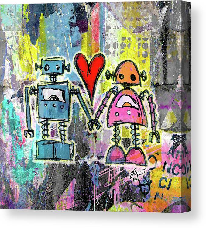 Graffiti Canvas Print featuring the digital art Graffiti Pop Robot Love by Roseanne Jones