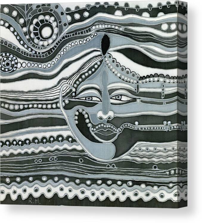 Nature Canvas Print featuring the painting Gray Silk Maya face in nature landscape abstract fantasy with black grey white colors sunset  by Rachel Hershkovitz