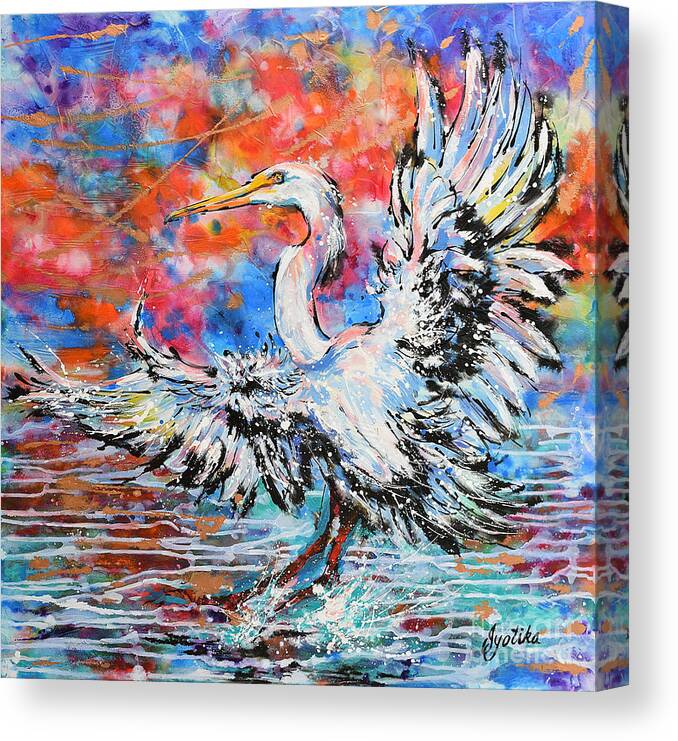  Canvas Print featuring the painting Great Egret Sunset Glory by Jyotika Shroff