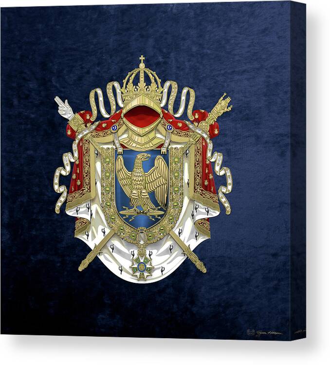 'napoleon Bonaparte' Collection By Serge Averbukh Canvas Print featuring the digital art Greater Coat of Arms of the First French Empire over Blue Velvet by Serge Averbukh
