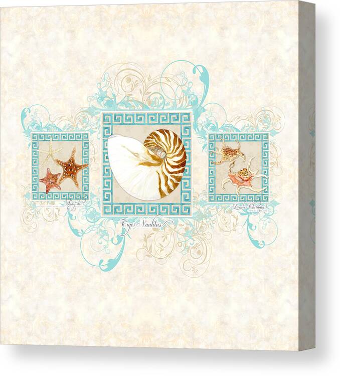 Seashells Canvas Print featuring the painting Greek Key Nautilus Starfish n Conch Shells by Audrey Jeanne Roberts