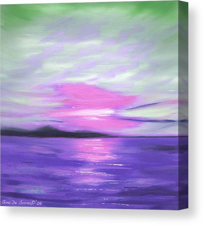 Green Canvas Print featuring the painting Green Skies and Purple Seas Sunset by Gina De Gorna