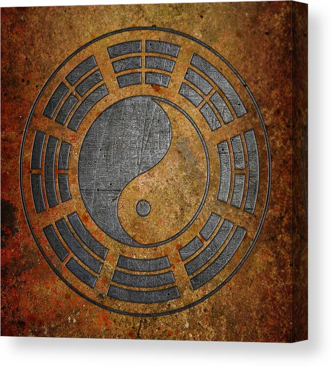 Yin Canvas Print featuring the digital art Grey Yin Yang Sign on Stone Background by Fred Bertheas