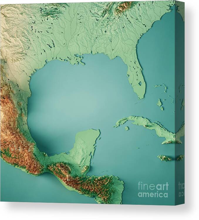 Gulf Of Mexico Topographic Map Gulf of Mexico 3D Render Topographic Map Color Canvas Print 