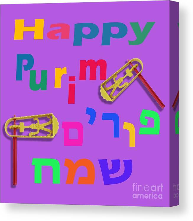 Happy Canvas Print featuring the photograph Happy joyous Purim In Hebrew and English by Humorous Quotes
