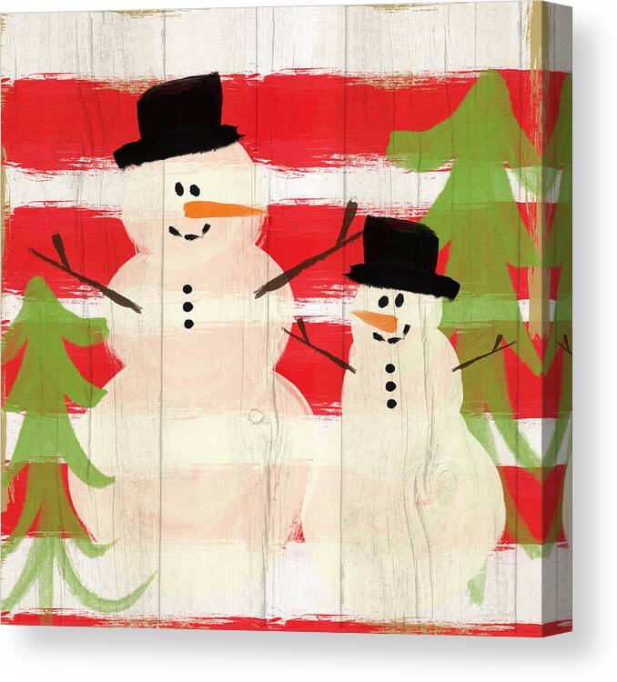Snowman Canvas Print featuring the painting Happy Snowmen- Art by Linda Woods by Linda Woods