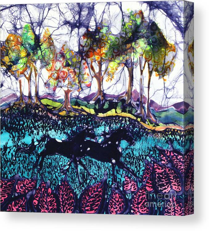 Batik. Horse Canvas Print featuring the tapestry - textile Horses Running Below Hills by Carol Law Conklin