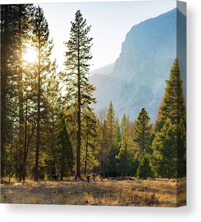 Landscape Canvas Print featuring the photograph How Small We Are... Bicycling in Yosemite by Susan Eileen Evans