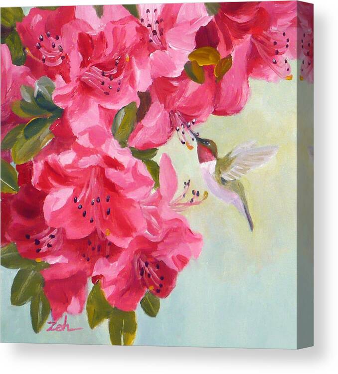 Hummingbird Art Canvas Print featuring the painting Hummingbird and Pink Azaleas by Janet Zeh