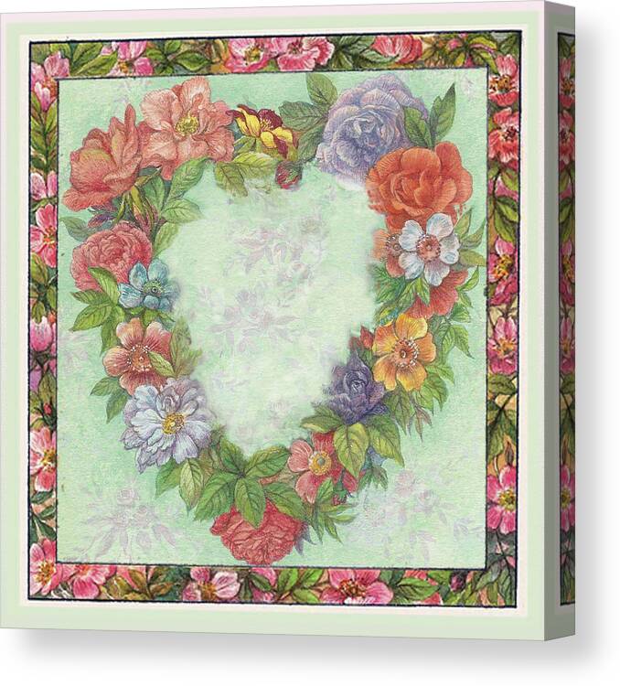 Painted Roses Canvas Print featuring the painting Illustrated Heart Wreath by Judith Cheng