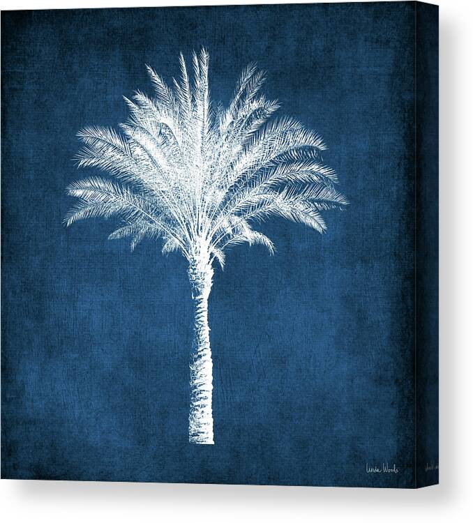 Palm Tree Canvas Print featuring the mixed media Indigo and White Palm Tree- Art by Linda Woods by Linda Woods