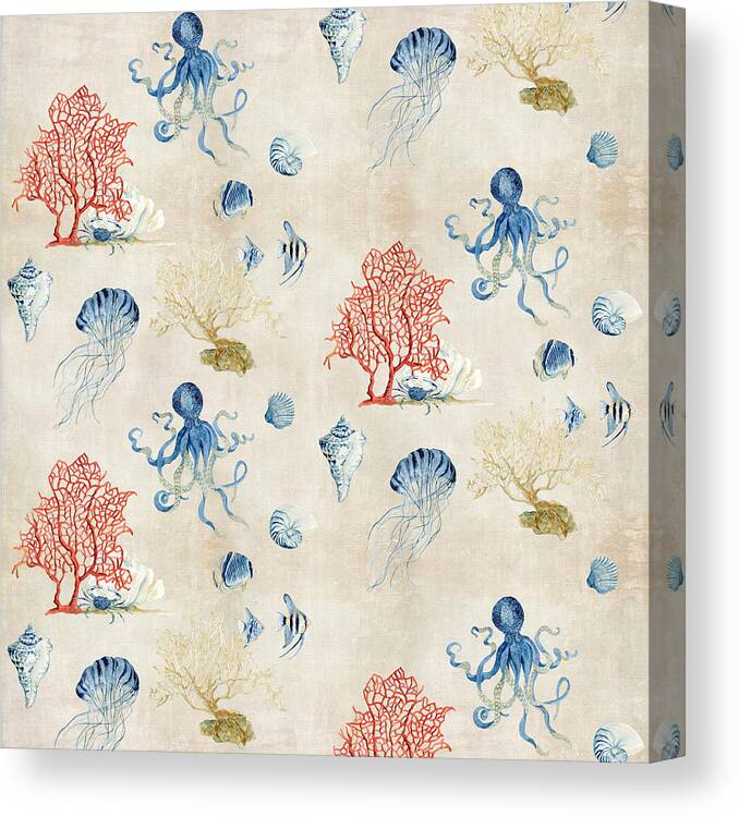 Octopus Canvas Print featuring the painting Indigo Ocean - Red Coral Octopus Half Drop Pattern by Audrey Jeanne Roberts