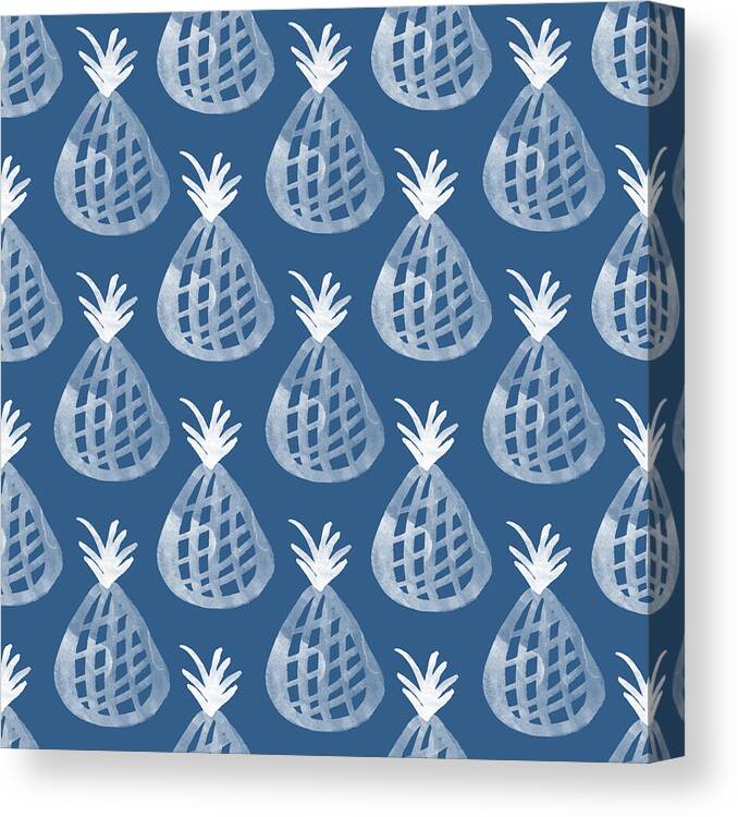 Indigo Canvas Print featuring the mixed media Indigo Pineapple Party by Linda Woods
