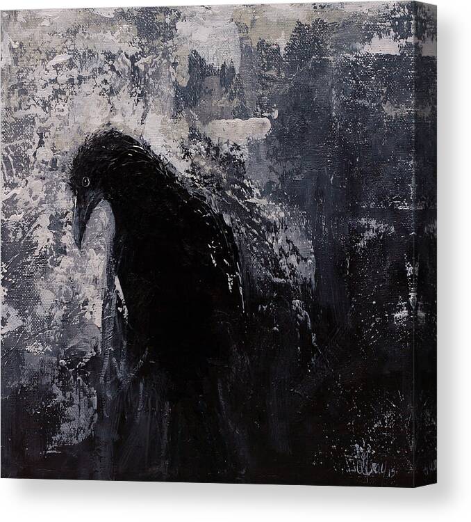 Crow Painting Canvas Print featuring the painting JADED Original Raven Painting Black and White Crow Art by Gray Artus