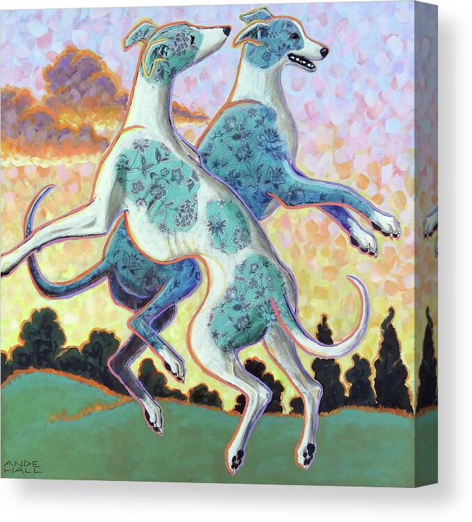 Greyhounds Canvas Print featuring the painting JUmping for Joy by Ande Hall