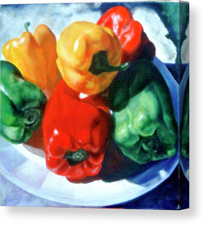 Bell Peppers Canvas Print featuring the painting Just A Family of Peppers by Shannon Grissom