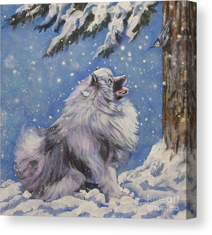 Keeshond Canvas Print featuring the painting Keeshond in wnter by Lee Ann Shepard