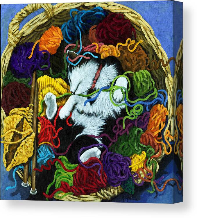 Knitting Canvas Print featuring the painting Knitter's Helper - cat painting by Linda Apple