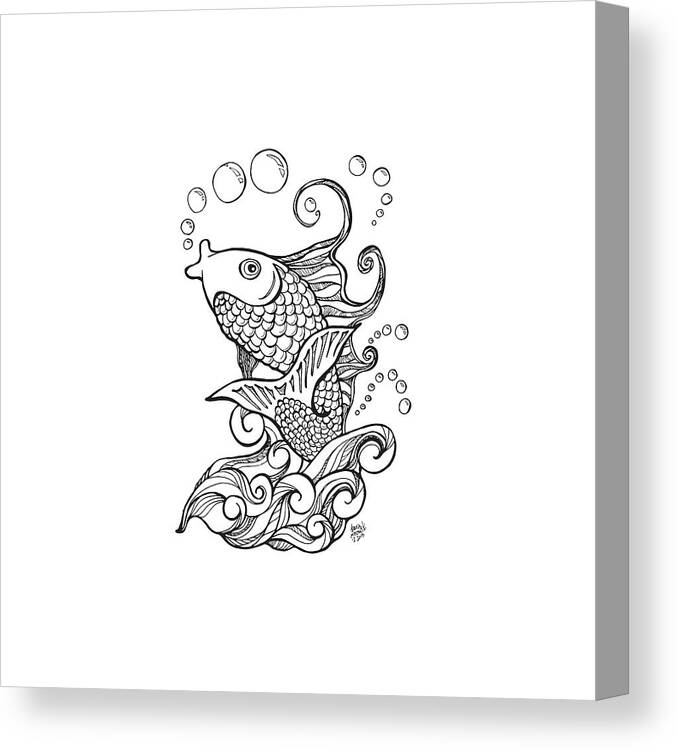 Koi Canvas Print featuring the drawing Koi Fish and Water Waves by Laura Ostrowski