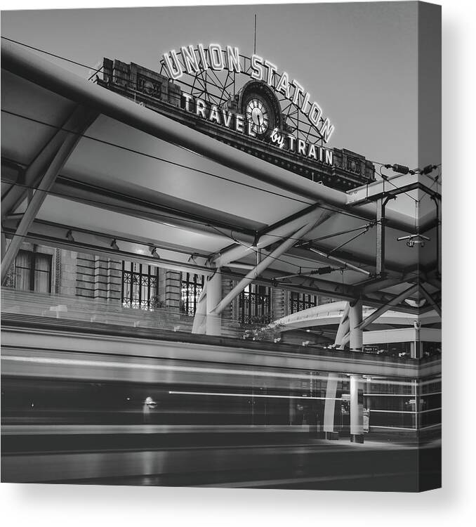 America Canvas Print featuring the photograph Leaving Union Station - Denver Colorado - BW Square Format by Gregory Ballos