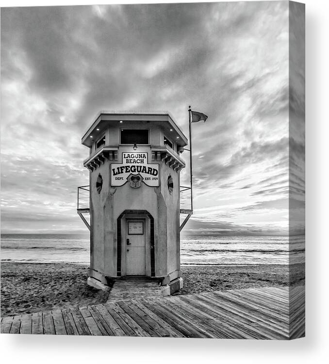 Laguna Beach Canvas Print featuring the photograph Lifeguard station in black and while by Cliff Wassmann