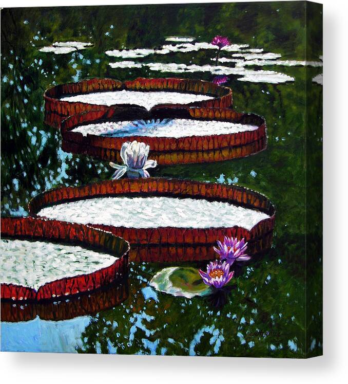 Garden Pond Canvas Print featuring the painting Lily Pad Highlights by John Lautermilch