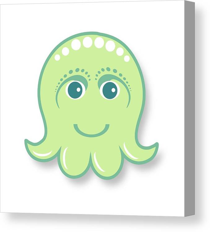 Little Octopus Canvas Print featuring the digital art Little cute green octopus by Ainnion