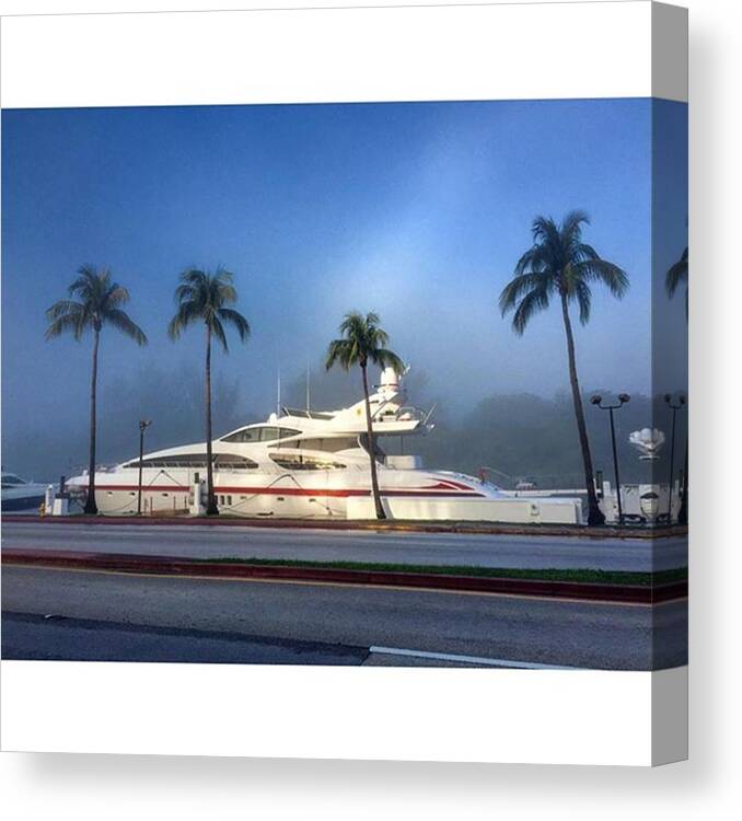 Transportation Canvas Print featuring the photograph Luxury Yacht At Foggy Miami Beach by Juan Silva